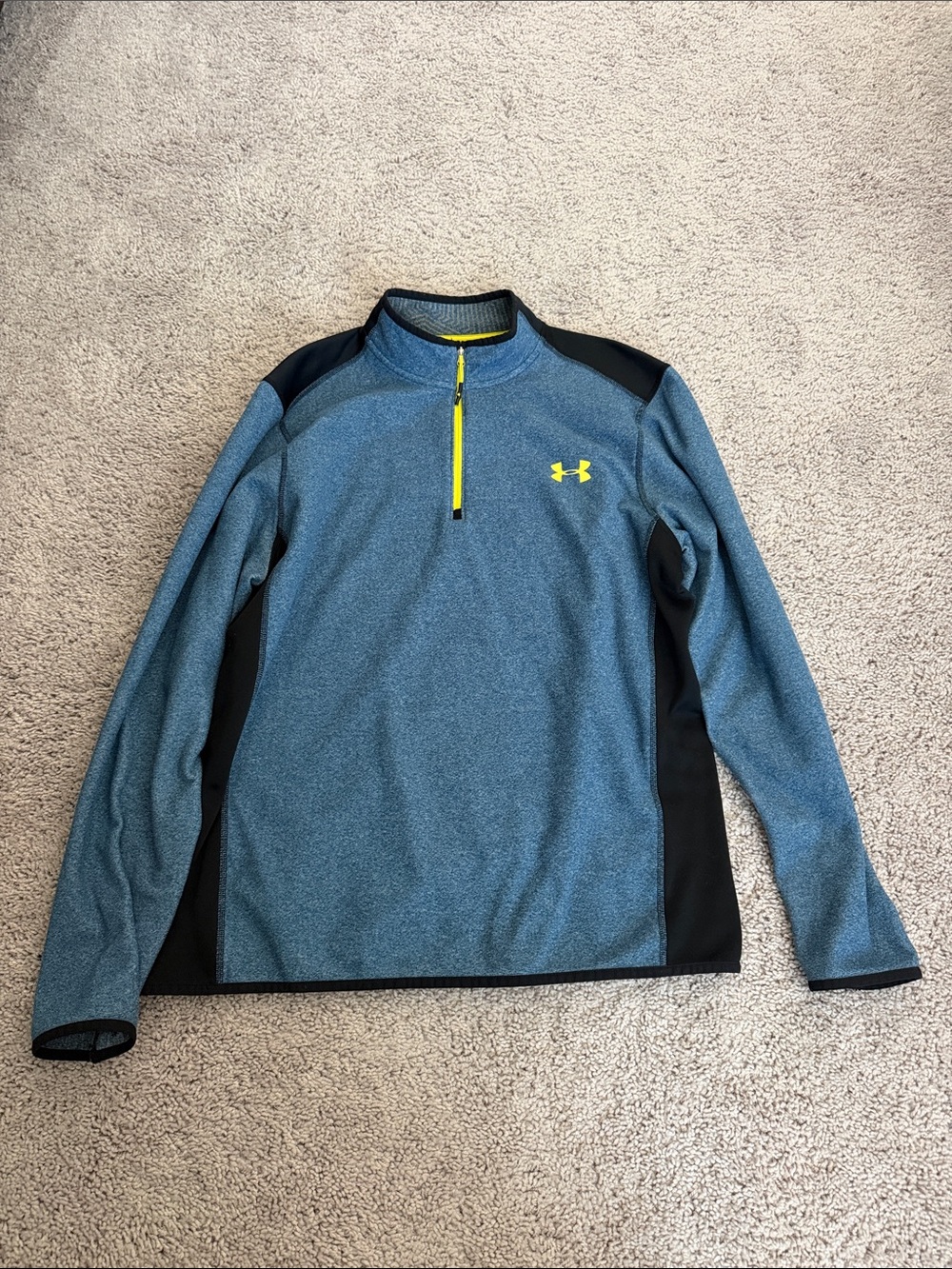 Under Armour Blue Heather Quarter-Zip with Black Panels and Neon Yellow Accents
